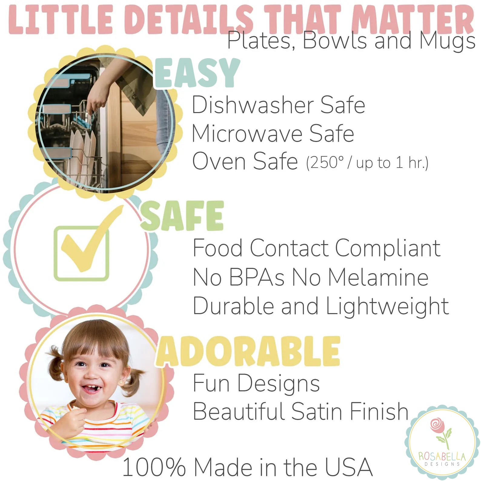 The image is a collage of three images, each highlighting different features of plates, bowls, and mugs. The first image shows a person loading dishes into a dishwasher, the second image displays a microwave-safe bowl, and the third image features a child's smiling face.