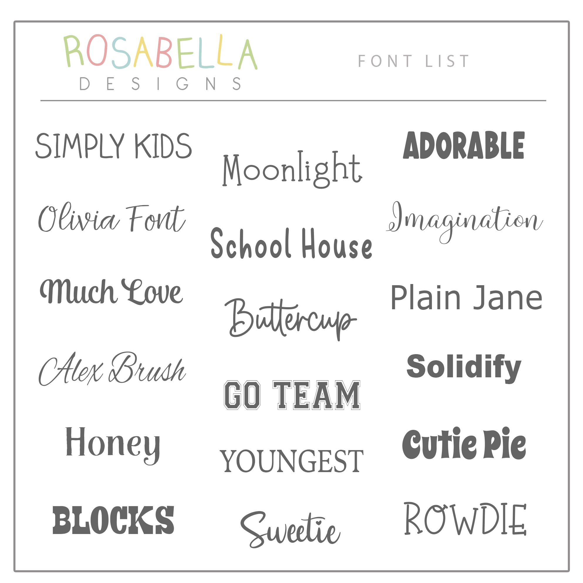 a collection of various font styles and names, including "SIMPLY KIDS", "Moonlight", "ADORABLE", "Olivia Font", "Imagination", "School House", "Much Love", "Buttercup", "Plain Jane", "Alex Brush", "Solidity", "GO TEAM", "Honey", "YOUNGEST", "Cutie Pie", "ROWDIE", and "BLOCKS".