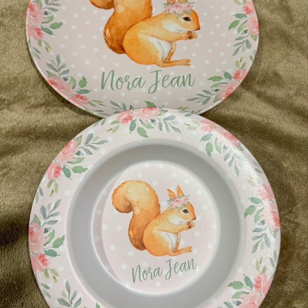 Image of Squirrel plate and bowl personalized with child's name in green.