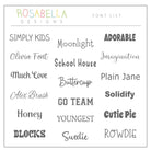 a collection of various font styles and names, including "SIMPLY KIDS", "Moonlight", "ADORABLE", "Olivia Font", "Imagination", "School House", "Much Love", "Buttercup", "Plain Jane", "Alex Brush", "Solidity", "GO TEAM", "Honey", "YOUNGEST", "Cutie Pie", "ROWDIE", and "BLOCKS".